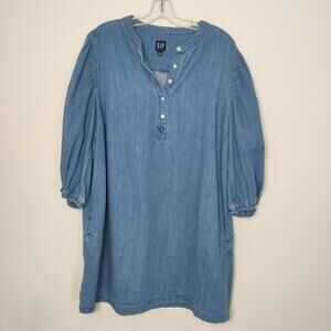 Gap Chambray Button Neck Puff Sleeve Tunic Dress Size XL Bohemian Minimalist